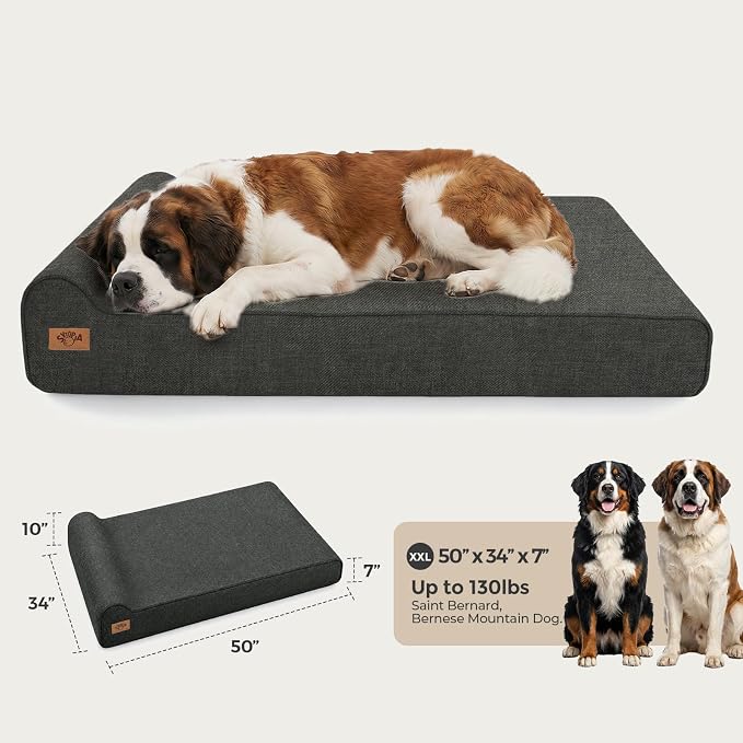 Sytopia 7" Thick Orthopedic Dog Beds for Extra Large Dogs (50" x 34" x 10"), Chew Proof Fabric Cover, 35D Memory Foam Dog Beds with Durable Waterproof Liner & Removable Washable Cover, Black