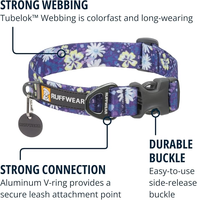 Ruffwear, Front Range Dog Collar, Adjustable Tubelok Webbing, Lightweight, Side Release Buckle, Aluminum V-Ring, Durable for Everyday Use, Wildflower, 14"-20"