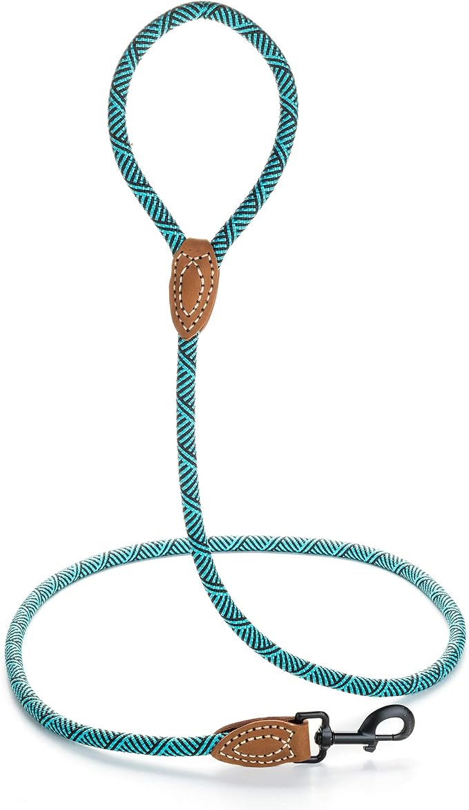 Mile High Life Rope Leash with Genuine Leather Connection, 6 FT/5 FT/4 FT, Heavy Duty Leash for Medium & Large Dogs (Turquoise Green, 72 Inch)