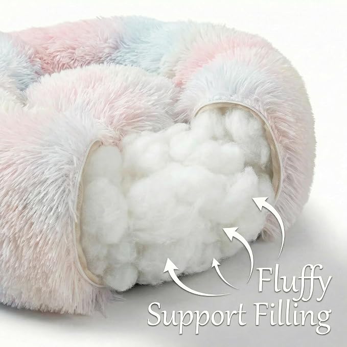 Tiny Dog Bed 15 Inch for Extra Small Dogs,Washable Puppy Bed,Soft Faux Fur Calming Donut Bed for Chihuahua Yorkie Maltese Pomeranian,Rainbow