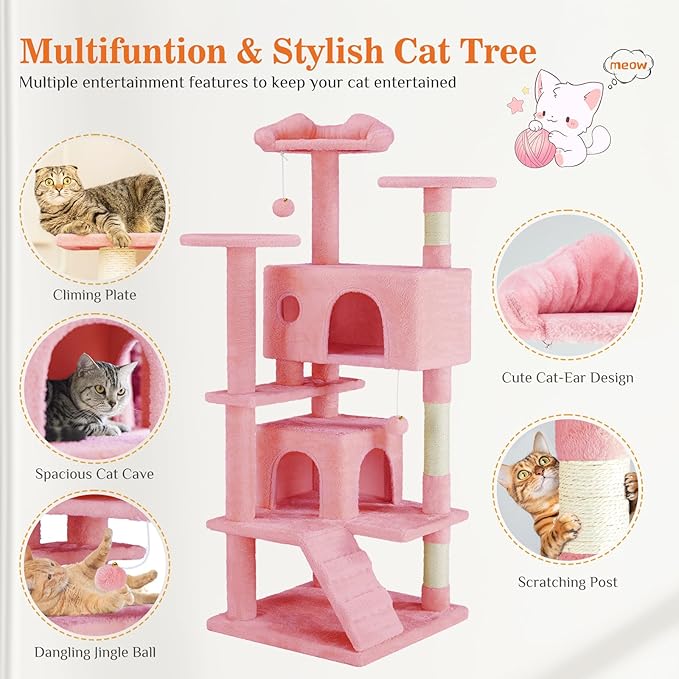 Sweetcrispy 54 Inch Cats Tree Tower, Multi-Level with Cat Scratching Post, Indoor Cat Condo with Climbing Ladder, Plush Toy, Play House for Cats, Pink