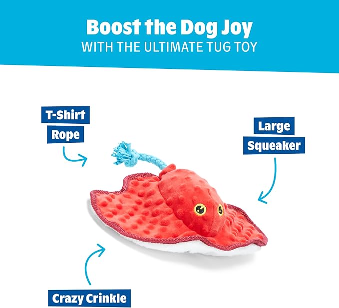 Barkbox Sting Crosby the Ray Dog Toy | Plush Stingray with T-Shirt Rope, Large Squeaker & Crinkle | Tug & Squeak Toy for Dogs
