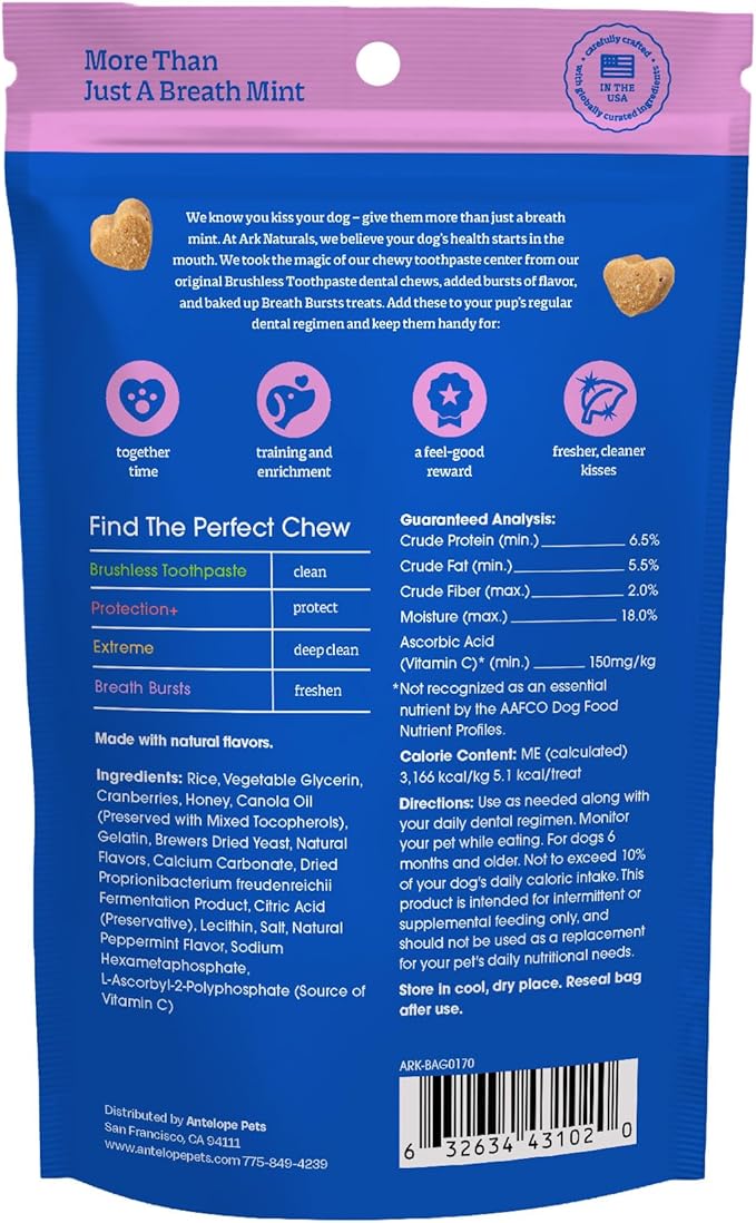 ARK Naturals Breath Bursts Brushless Toothpaste Dog Treats, Dog Dental Bits for Small Breeds, Unique Texture Helps Clean Teeth & Freshen Breath, Peppermint, 4 oz, 1 Pack