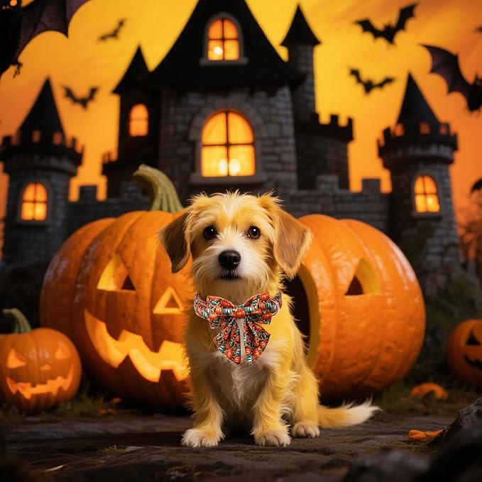 Unique style paws Cartoon Dog Collar with Bowtie Autumn Halloween Puppy Collar with Oil Painting Pumpkin for Small Medium Large Boys Girls Dogs