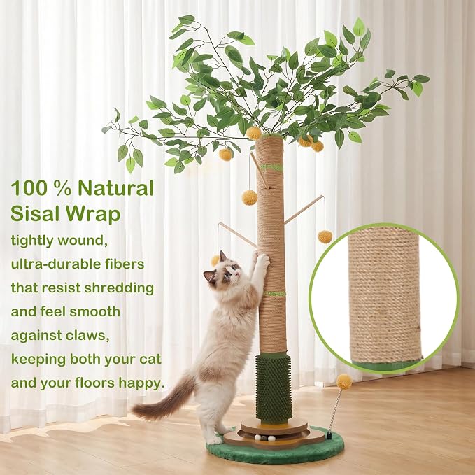 Tall Cat Scratching Post 51 Inch, Cat Scratching Post for Indoor Cats Adults, Sisal Cat Scratcher with Heavy Duty Stable Base & Hanging Toys & Self Grooming Brush for Kittens Medium Large Cats