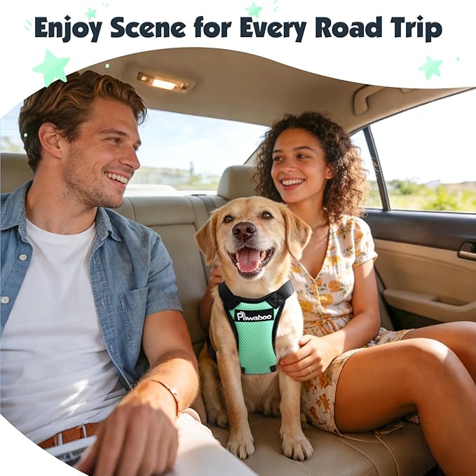 Pawaboo Dog Seat Belt Harness for Car, Dog Car Harness Seatbelt with Double Clips, Adjustable Breathable Pet Vest & Dogs Safety Tether with Elastic Bungee for Small Medium Large Pet, XL, Blue + Black