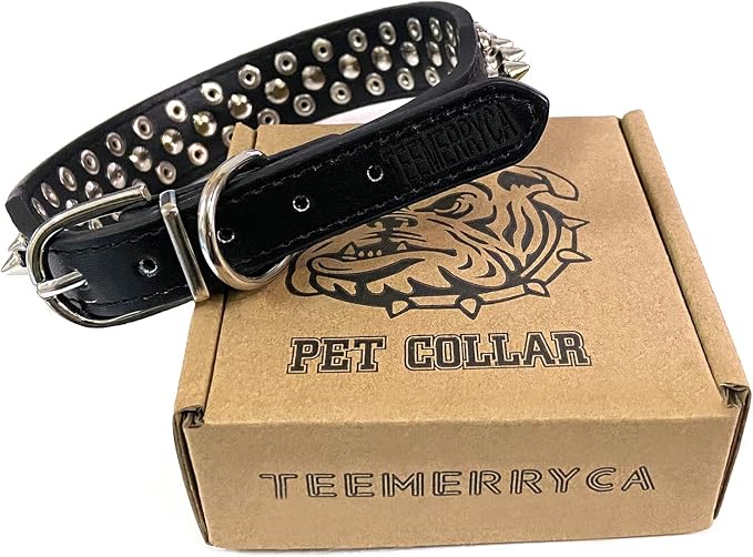 TEEMERRYCA Adjustable Microfiber Leather Spiked Studded Dog Collars with a Squeak Ball Gift for Small Medium Large Pets Like Cats/Pit Bull/Bulldog/Pugs/Husky, Black, XXL 19.7-22.4 inches