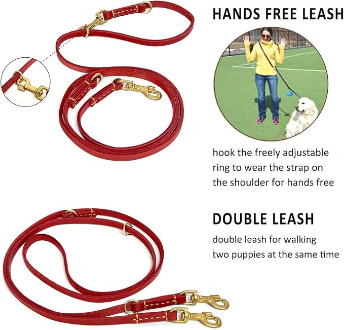 Guiding Star 8ft Leather Dog Leash - Soft Multi-Function 6 in 1 Training Walking Leash, Hands Free, Dual, Crossbody for Small, Medium and Large Dogs, Service Dogs - Red
