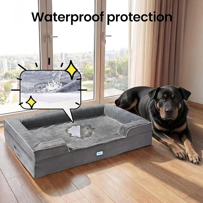 OhGeni Orthopedic Dog Bed Couch Big Cat Sofa for Extra Large Sized Pets with Memory Foam, Machine-Washable Waterproof Removable Cover, Soft Comfortable Fabric, 45-inch (Gray)