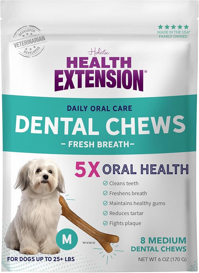 Health Extension Fresh Breath Dental Bones for Dogs, 8 Medium Bones, Freshens Breath, Cleans Teeth, Healthy Gums, Training or Reward, 6 oz Bag (Pack of 1)
