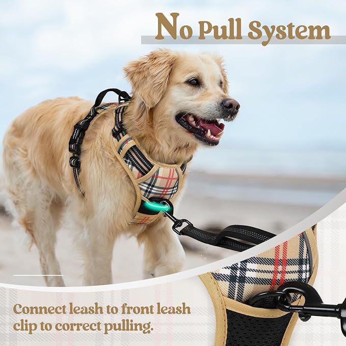 rabbitgoo Dog Harness No Pull with 2 Leash Clips, Adjustable Soft Padded, Reflective Oxford No Choke Pet Vest with Easy Control Handle for Medium Sized Dogs, Beige Plaid, M
