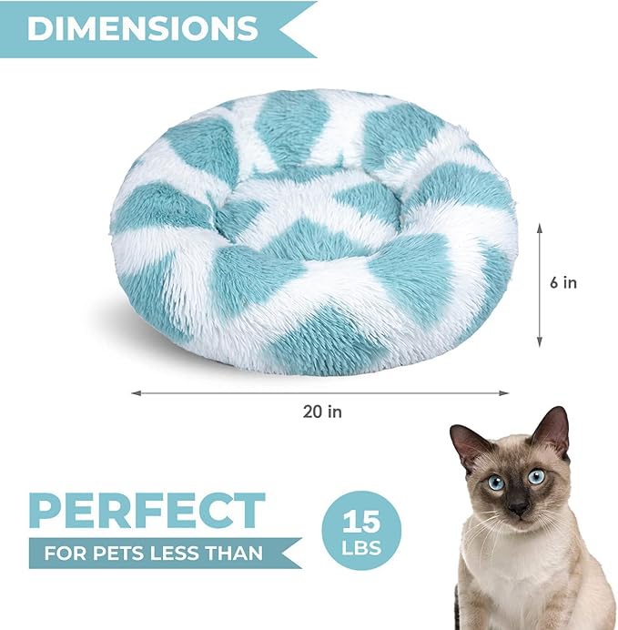 Whiskers & Friends Cat Beds for Indoor Cats, Fluffy Calming Donut Cat Bed, Small Dog Bed Washable - Orthopedic Soft Plush Pet Beds Sized for Kitten to Large Cats & Puppy to Small Dogs - Teal White