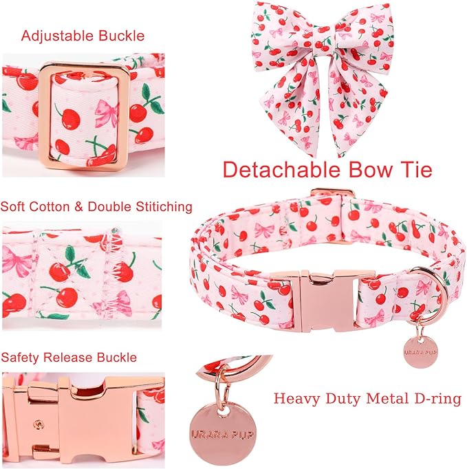 Spring and Summer Dog Collar with Bow Tie, Cherry Bowtie Collar Adjustable for Girl Boy Dog, Spring Pink Bow Collar for Dogs, S