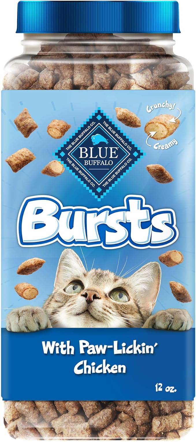 Blue Buffalo Bursts Paw-Lickin' Chicken Crunchy & Creamy Cat Treats, Great for Training, Made with Real Chicken Natural Cat Treats Enhanced with Vitamins, Minerals & Other Nutrients, Tub 12 oz.