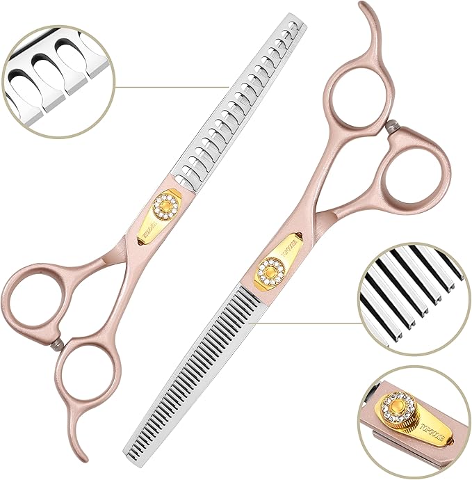 7.5‘’ Professional Dog Grooming Scissors Set 440C Stainless Steel Straight Thinning Curved Chunker Shears 4PCS Set for Pet Grooming Services Dogs and Cats (Rose Gold, Set)