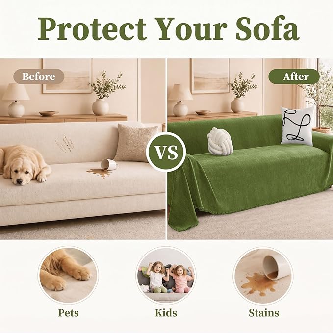 hyha Couch Cover for Dogs, Boho Sofa Covers for 3 Cushion Couch Washable, Chenille Sofa Slipcover for Pets, Soft Loveseat Sectional Couch Throw Blankets with Tassels (Green, 88.5x134 Inch)