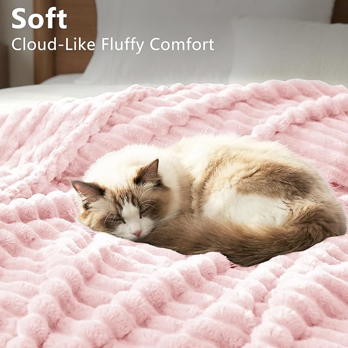 HIMEET Fleece Pink Full Size Blanket for Bed - 300GSM Ribbed Soft Cozy Bedding Blanket, New Home Birthday Gifts for Women Girls Her, College Dorm Essentials Aesthetic Room Decor Throws, 84x90 Inches