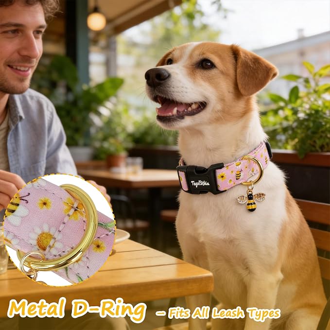Dog Collar with Bees & Flowers Pattern, Spring Summer Collection Pink Dog Collar with Exquisite Pendant, Durable Adjustable Collars for Gifts & Daily Use-M