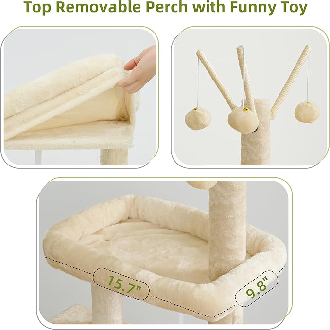 Gitelsnour Cat Tree for Indoor Cats, Cat Tower with Scratching Post for Small Cats and Kittens, Cat House with Removable Top Platform and Fluffy Balls, Hanging Cat Basket, Beige GCT006SM