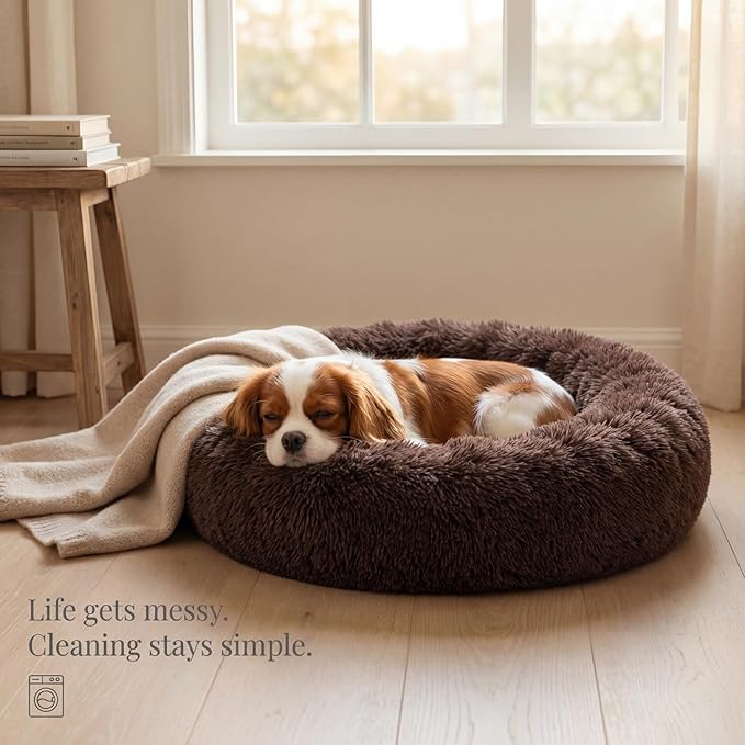 Calming Dog Bed for Medium Dogs Washable Donut 30 inches Anti-Slip Pet Bed,Round Fluffy Plush Faux Fur Cat Bed,Fits up to 45 lbs Pets,Chocolate Brown