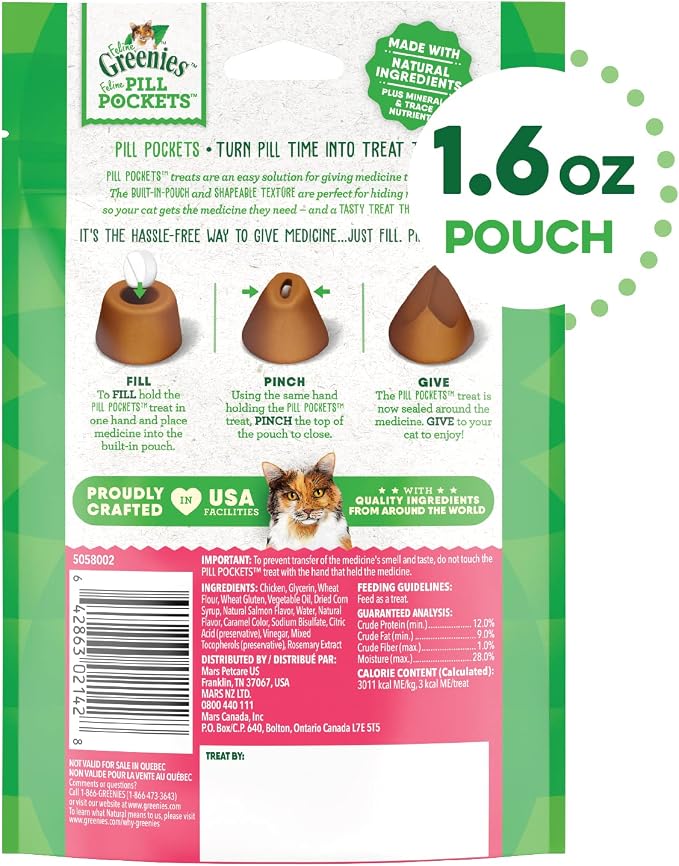 Greenies Feline Pill Pockets for Cats Natural Soft Cat Treats, Salmon Flavor, 1.6 oz. Pouch (45 Treats) (Pack of 2)