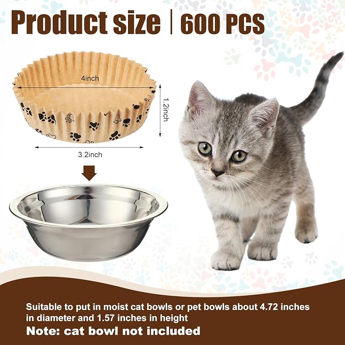 meekoo 600 Pcs Large Pet Disposable Feeding Bowls Liner Bulk Cat Food Bowls Small Paper Dish Paper Liner for Small Dogs Cats Dish Wet Food Feeding Station (Khaki,Paw)