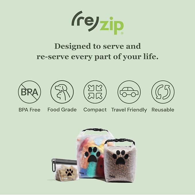 (re) zip Pet On-The-Go Bags 2-pack | Lightweight, Compact, Carabiner Clip | Airtight Closure | Water-Resistant | Food-Safe PEVA | Holds Treats, Poop Bags | Travel-Friendly