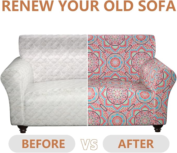Stretch Couch Covers for 2 Separate Cushion Couch Sofa - Floral Printed Couch Sofa Cover ,Washable Sofa Slipcover,Pet Friendly Furniture Protector with Elastic Bottom,Universal Fit for Home(Loveseat)