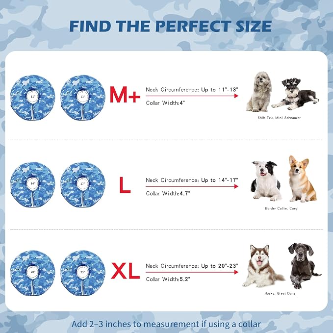 IEUUMLER Inflatable Recovery Dog Cone Collar, Neck Donut Protective ECollar, Adjustable Soft Collar for Dog and Cat After Surgery Prevent from Biting & Licking EU020 Blue Camo L
