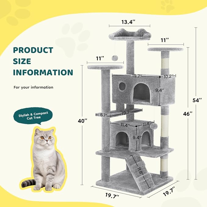 DUMOS 54 Inch Cat Tree Tower, Indoor Multi-Level Pet House for Large Cats with 2 Condos, Scratching Posts, Round Platform, Small Ladder, and Toys, Light Grey
