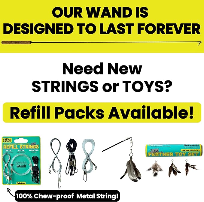 Forever Stick - The Unbreakable Cat Wand Toy, Durable Cat Toy Wand, Extra Long Cat String Toy, Cat Fishing Pole Toy for Bored Indoor Adult Cats, Cat Stick Toy, Cat Feather Wand, Cat Teaser Wand