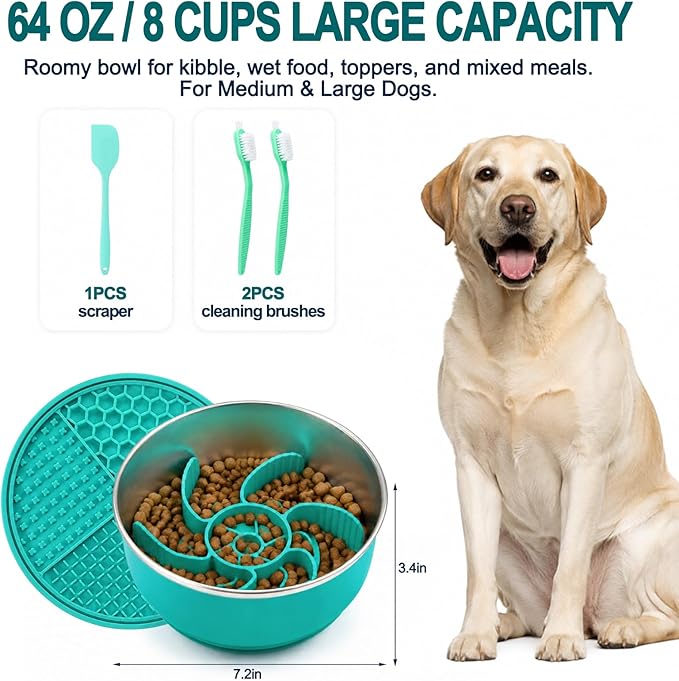 Large Dog Bowl 8 Cups Stainless Steel with Slow Feeder Insert and Lick Mat Storage Lid, 3-in-1 Non-Slip Pet Bowl for Kibble, Wet Food,Travel