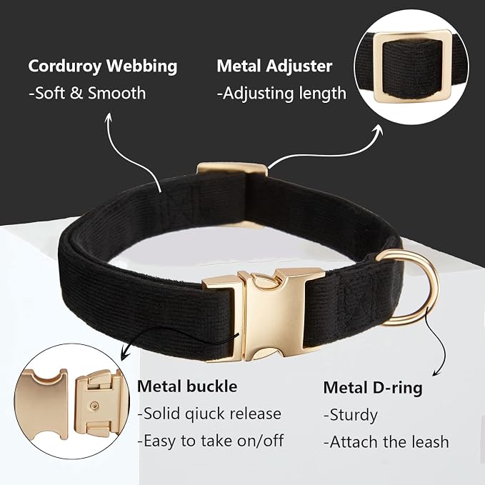 Soft Corduroy Dog Collar and Leash Set Adjustable Durable Dog Collars with Metal Buckle and Lead for Large Dogs,Black