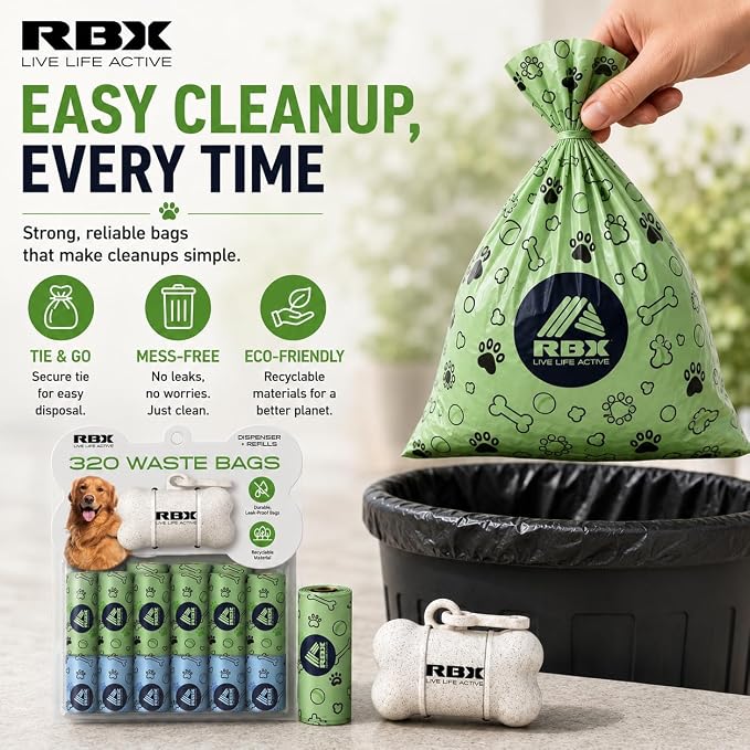 RBX Dog Poop Bags with Leash Holder, 320 Bags, 16 Refill Rolls | Clip-On Dispenser, Durable Leak-Proof, Recyclable Material