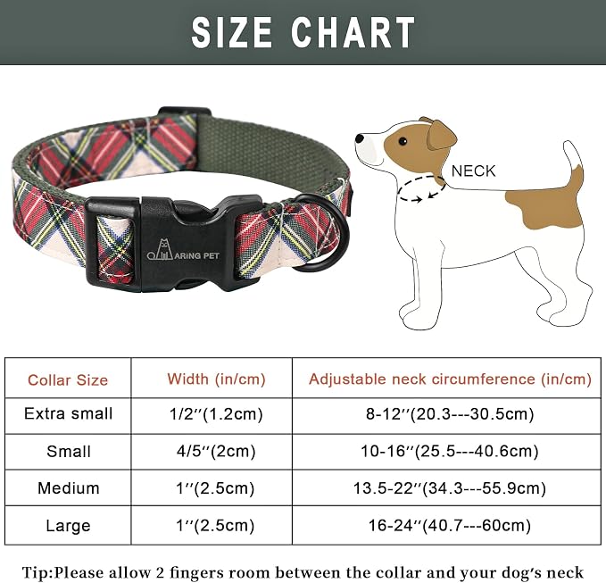 ARING PET Christmas Dog Collar, Cute Winter Red Green Plaid Cotton Lightweight Pet Puppy Collars for Small Medium Large Dogs-S