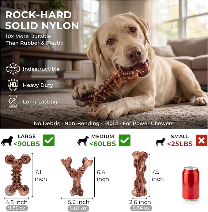 Kseroo 3-Pack Indestructible Dog Chew Toys for Aggressive Chewers: Bacon Flavored Rock-Hard Solid Nylon, Tough Dog Bones for Medium/Large Dogs 25-90lbs, Heavy Duty Dog Toys to Keep Them Busy, Brown-XL