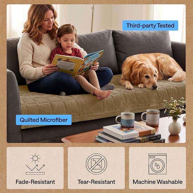 GORILLA GRIP Slip and Leak Resistant Plush Quilted Recliner Cushion Cover Blanket, Soft Couch Covers for Sofa Dogs, Machine Washable Furniture Protector Pet Friendly Couches, Beige, 28x28 Inches