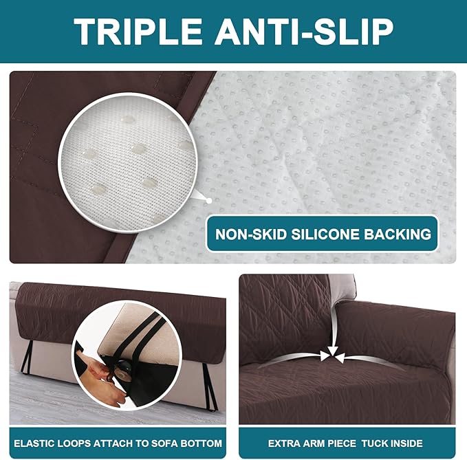 Turquoize 100% Waterproof Sofa Covers Couch Cover for 3 Cushion Couch Triple Non-Slip Sofa Slipcover Washable Furniture Protector for Pets, Kids, Dog (XL Sofa 78", Chocolate)