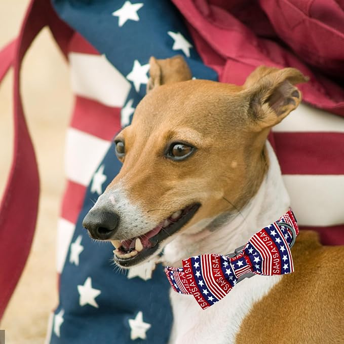 Elegant little tail Independence Dog Collar, Patriotic Pet Collar with Bow Tie American 4th of July Pet Cotton Soft Boy Girl Adjustable Collars for Medium Dogs