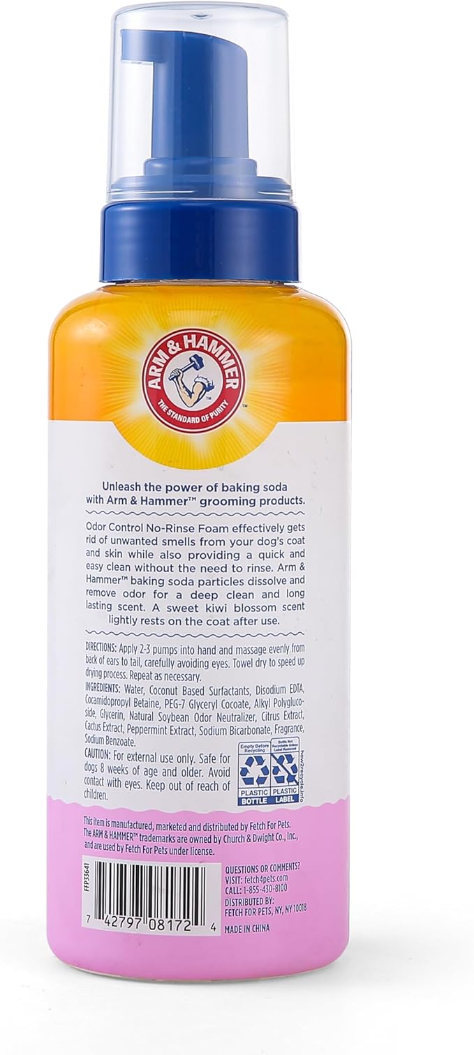 Arm & Hammer for Pets Odor Control No-Rinse Foam for Dogs, Kiwi Blossom Scent, Waterless Baking Soda Dog Deodorizer, pH Balanced, Free of Sulfates and Parabens, 16 Fl Oz