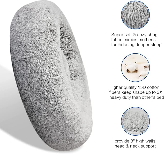SAVFOX 20 inches Calming Donut Dog Bed - 3X Durable Plush Faux Fur, Machine Washable & Non-Slip, Fits up to 15 lbs, Light Grey