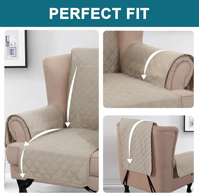 Turquoize 100% Waterproof Wing Chair Cover Wing Armchair Slipcovers Chair Couch Protector Triple Non-Slip Sofa Slipcover for Wing Chair Furniture Protector for Pets, Kids,Dog (Wing Chair, Pale Oak)