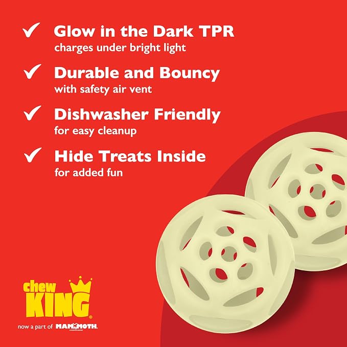 Chew King by Mammoth Glow-in-the-Dark Dog Fetch Balls (2-Pack), Lattice Rubber Fetch Toys for Night Play, High Bounce, Rechargeable Under Any Light, Medium 3.25"