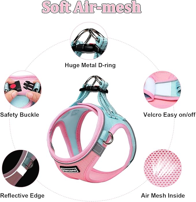 Mercano Soft Mesh Dog Harness and Leash Set, Step-in Reflective Breathable Lightweight Vest Harnesses with Safety Buckle for Small Dogs, Cats (S, Pink Blue)