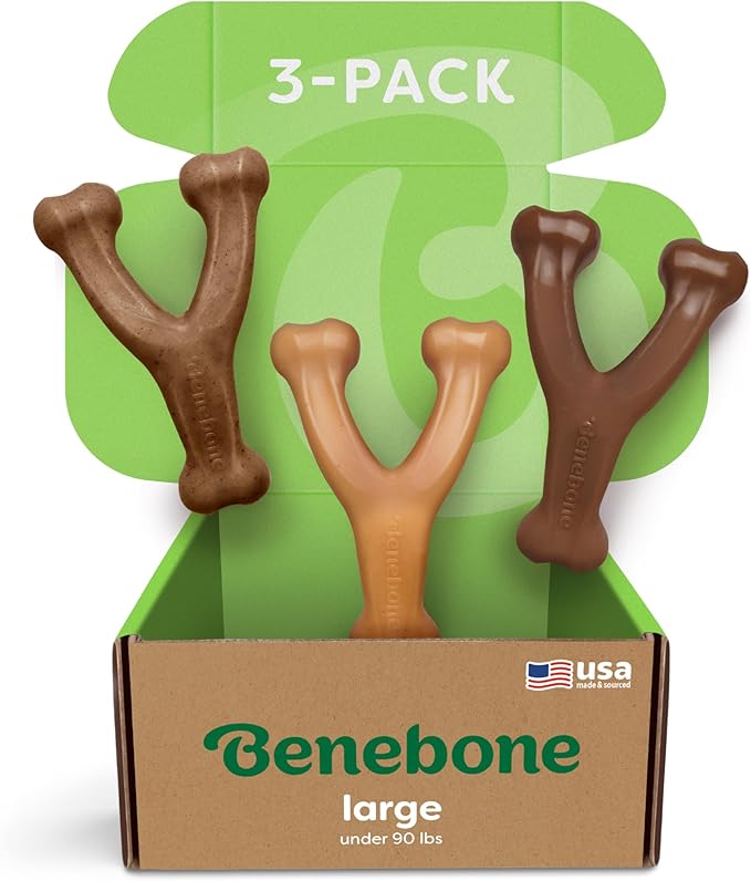 Benebone 3-Pack Wishbone Durable Dog Chew Toy for Aggressive Chewers, Variety Pack-Bacon, Chicken, Peanut Made in USA, Large