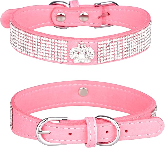 Rhinestone Dog Collar, Cute Dazzling Sparkling Soft Suede Leather Dog Cat Rhinestone Collar Crystal Diamond Pet Dog Puppy Collar (XS, Pink-4)