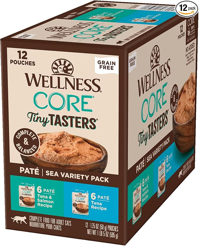 Wellness CORE Tiny Tasters Pate Variety Pack Adult Wet Cat Food, Natural, Protein Rich, Grain Free, Sea Recipies, 1.75 oz, Pack of 12 Pouches