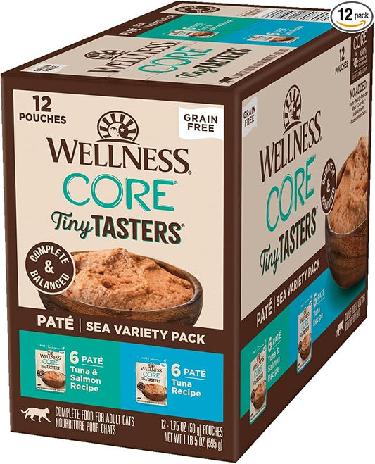 Wellness CORE Tiny Tasters Pate Variety Pack Adult Wet Cat Food, Natural, Protein Rich, Grain Free, Sea Recipies, 1.75 oz, Pack of 12 Pouches