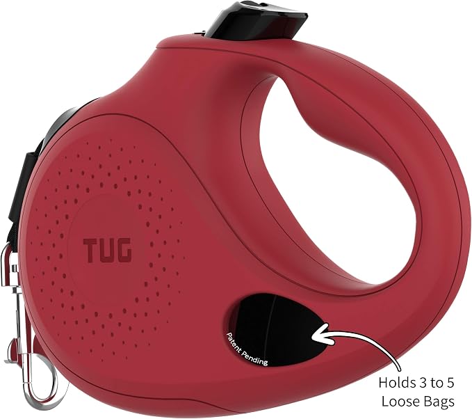 TUG Oval 360° Tangle-Free Retractable Dog Leash with Integrated Waste Bag Dispenser (Medium, Red)