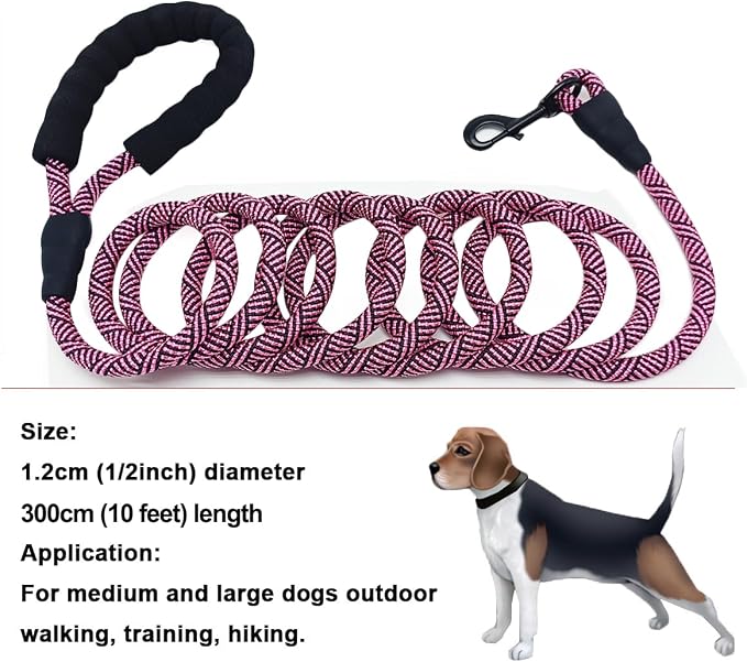 MayPaw Heavy Duty Rope Dog Leash, 3/4/5/6/7/8/10/12/15 FT Nylon Pet Leash, Soft Padded Handle Thick Lead Leashes for Large Medium Dogs (Pink Black, 1/2" * 10')